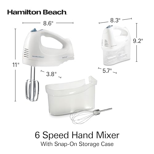 Hamilton Beach 6-Speed Electric Hand Mixer with Whisk, Traditional Beaters, Snap-On Storage Case, 250 Watts, White