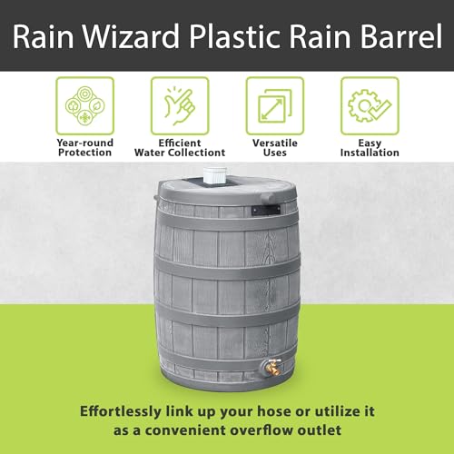 Good Ideas Rain Wizard 50 Gallon Plastic Outdoor Home Water Storage Tank Rain Barrel Collector with Brass Spigot and Flat Back Design, Gray