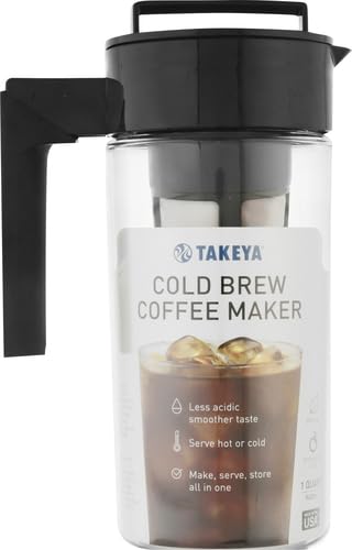 Takeya Patented Deluxe Cold Brew Coffee Maker with Black Lid Airtight Pitcher, 1 Quart, Black