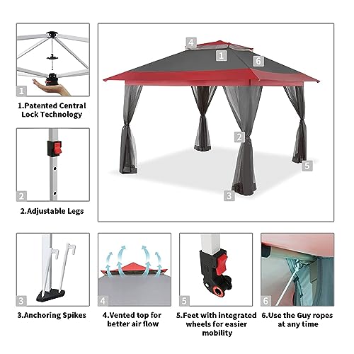 CROWN SHADES 13 x 13 Foot Pop Up Gazebo Canopy Shelter, Outdoor Canopy w/ 4 Mosquito Net Sidewalls, Push Center Lock, and Wheeled Carry Bag, Red/Grey