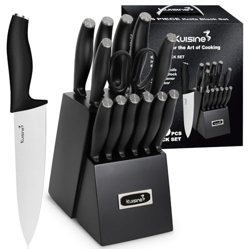 Kuisine Chef Knife Set,High Carbon Stainless Steel Razor-Sharp Blade Ergonomic Handle,Kitchen Knife Block Set with Built-in Sharpener,Elegant Gift for Holiday(Black,15PCS)