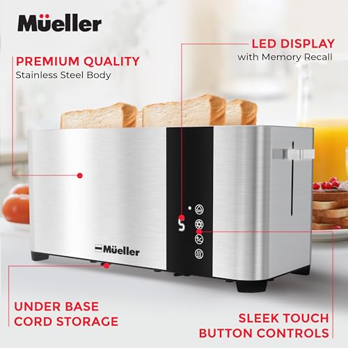 Mueller UltraToast Full Stainless Steel Toaster 4 Slice, Long Extra-Wide Slots with Removable Tray, Cancel/Defrost/Reheat Functions, 6 Browning Levels with LED Display, Kitchen Essentials & Gadgets