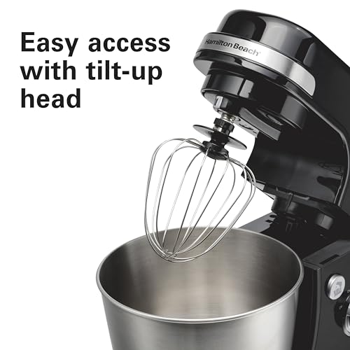 Hamilton Beach Electric Stand Mixer, 4 Quarts, Dough Hook, Flat Beater Attachments, Splash Guard 7 Speeds with Whisk, Black