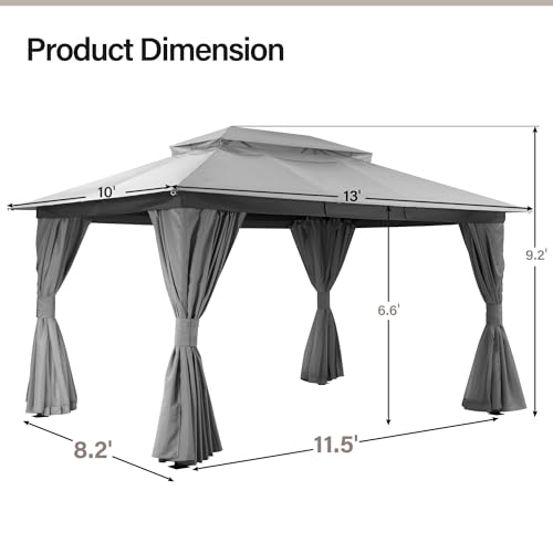 LAUSAINT HOME Outdoor Patio Gazebo 10'x13' with Expansion Bolts, Heavy Duty Party Tent & Shelter with Double Roofs, Mosquito Nettings and Privacy Screens for Backyard, Garden, Lawn, Smoke Grey