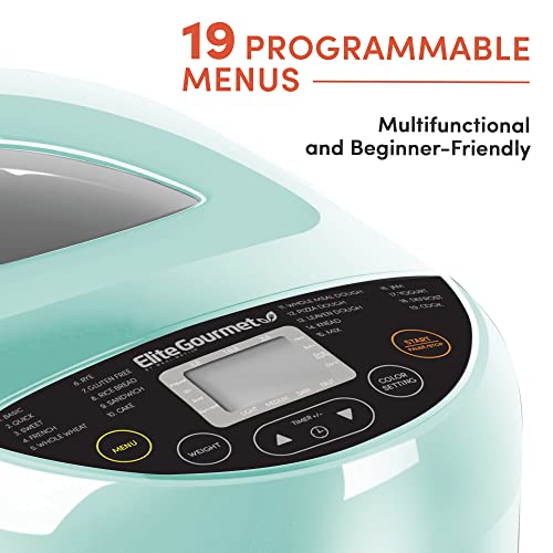 Elite Gourmet EBM8103M Programmable Bread Maker Machine 3 Loaf Sizes, 19 Menu Functions Gluten Free White Wheat Rye French and more, 2 Lbs, Mint