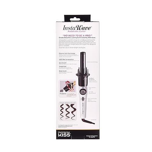 KISS Instawave Deluxe Automatic Rotating Curling Iron, Patented Automotic Spinner, 2-Way Rotation, 1” Ceramic Ionic Wand, Dual Heat Settings, 420° Max Temperature, Black & White