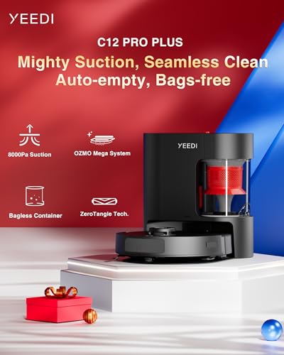 Yeedi C12 PRO PLUS Robot Vacuum and Mop, 8000Pa Strong Suction, 7-week Dust Storage, Bagless Dust Container, PureCyclone Tech, ZeroTangle Brush, Black