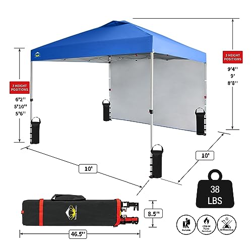 CROWN SHADES 10x10 Canopy Tent with Sidewalls, Patented One Push Pop Up Canopy with STO-N-Go Cover Bag, Outdoor Canopy with 4 Sand Bags, Blue