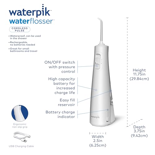 Waterpik Cordless Pulse Rechargeable Portable Water Flosser for Teeth, Gums, Braces Care and Travel with 2 Flossing Tips, Waterproof, ADA Accepted, WF-20 White