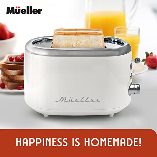 Mueller Retro Toaster 2 Slice with 7 Browning Levels and 3 Functions: Reheat, Defrost & Cancel, Stainless Steel Features, Removable Crumb Tray, Under Base Cord Storage, White