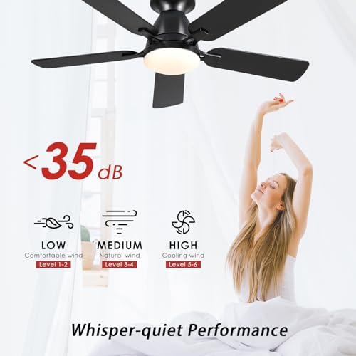 Ceiling Fans with Lights- 46" Low Profile Indoor Ceiling Fan with Light and Remote/APP Control, Flush Mount, LED Dimmable DC Reversible Modern Ceiling Fan for Bedroom（Black）