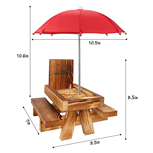 MIXXIDEA Wooden Squirrel Feeder Table with Umbrella, Squirrel Picnic Table for Outside, Brown Squirrel Feeder with Corn Cob Holder Cute Chipmunk Feeder (Red Umbrella)