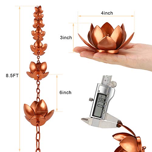 Oak Leaf Rain Chain Set, 8.5ft Copper Plated Rain Chain for Gutters with Adapter, Lotus Rain Chain Cups to Replace Gutter Downspout, Divert Water and Home Display, 12 Cups, Adjustable, Rose Gold