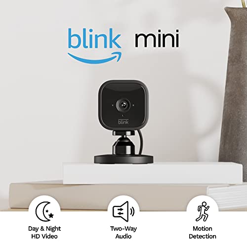 Blink Mini – Compact indoor plug-in smart security camera, 1080p HD video, night vision, motion detection, two-way audio, easy set up, Works with Alexa – 2 cameras (Black)