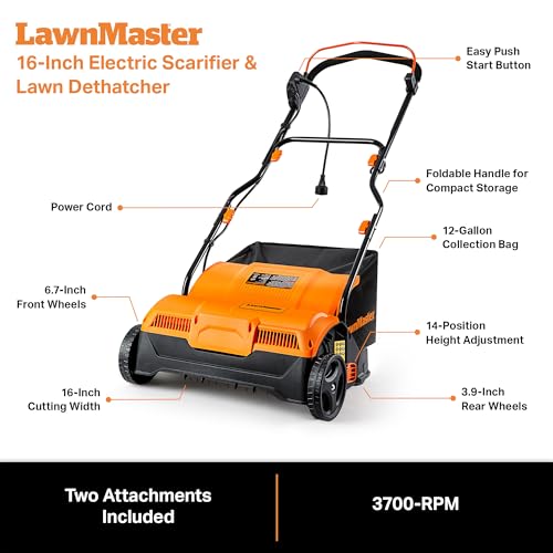 LawnMaster GVB1316 Electric 16” 13 Amp Dethatcher and Scarifier with 12 Gallon Collection Bag