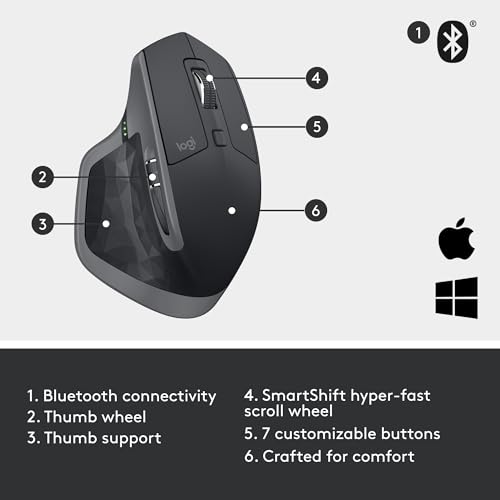 Logitech MX Master 2S Bluetooth Edition Wireless Mouse – Use on Any Surface, Hyper-Fast Scrolling, Ergonomic, Rechargeable, Control Up to 3 Apple Mac and Windows Computers - Graphite