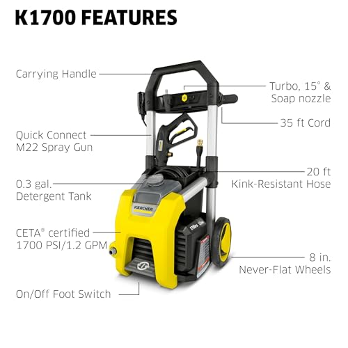 Kärcher K1700 Max 2125 PSI Electric Pressure Washer with 3 Spray Nozzles - Great for cleaning Cars, Siding, Driveways, Fencing and more - 1.2 GPM