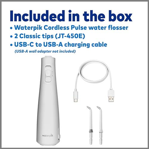 Waterpik Cordless Pulse Rechargeable Portable Water Flosser for Teeth, Gums, Braces Care and Travel with 2 Flossing Tips, Waterproof, ADA Accepted, WF-20 White