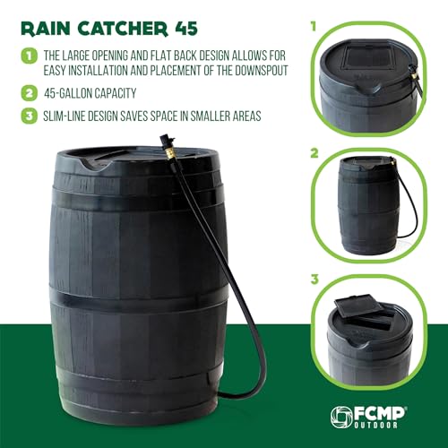 FCMP Outdoor RC45-BLK Rain Barrel (45-Gallon) - Water Rain Catcher Barrel with Flat Back for Watering Outdoor Plants, Gardens, and Landscapes, Black