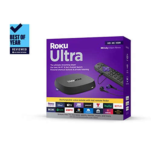 Roku Ultra | The Ultimate Streaming Device 4K/HDR/Dolby Vision/Atmos, Rechargeable Roku Voice Remote Pro, Ethernet Port, Hands-Free Controls, Lost Remote Finder, Free & Live TV