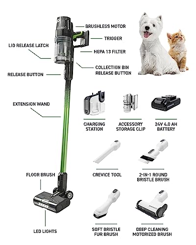 Greenworks 24V Brushless Cordless Stick Vacuum, Lightweight, Handheld, Pet, Anti-Allergen HEPA Filtration, Hard Floor, Carpet, Car, 4Ah Battery, and 30-Minute Charge Time (Green)