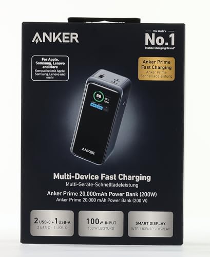 Anker Prime Power Bank, 20,000mAh Portable Charger with 200W Output, Smart Digital Display, 2 USB-C and 1 USB-A Port Compatible with iPhone 15/14/13 Series, Samsung, MacBook, Dell, and More