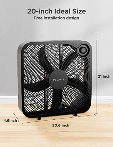 PELONIS 3-Speed Box Fan For Full-Force Circulation With Air Conditioner, Upgrade Floor Fan, Black, medium