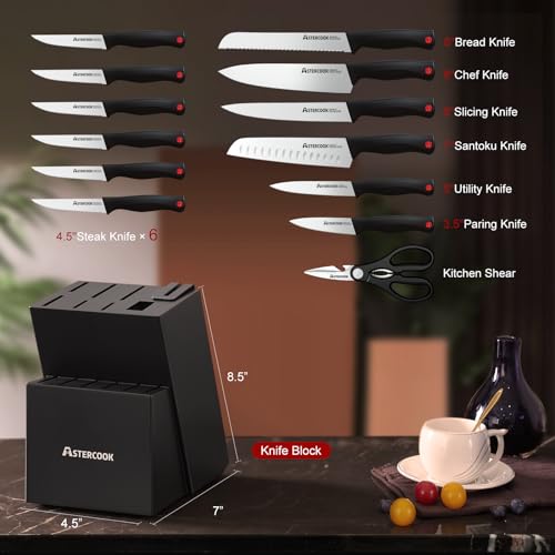 Astercook Knife Set, 15 Pieces Kitchen knives Set with Built-in Sharpener, High Carbon German Stainless Steel Chef Knife Block Sets, Sharp & Rust Resistant Dishwasher Safe, Black