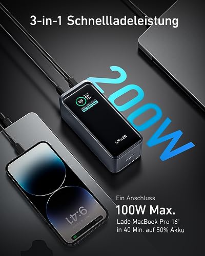 Anker Prime Power Bank, 20,000mAh Portable Charger with 200W Output, Smart Digital Display, 2 USB-C and 1 USB-A Port Compatible with iPhone 15/14/13 Series, Samsung, MacBook, Dell, and More