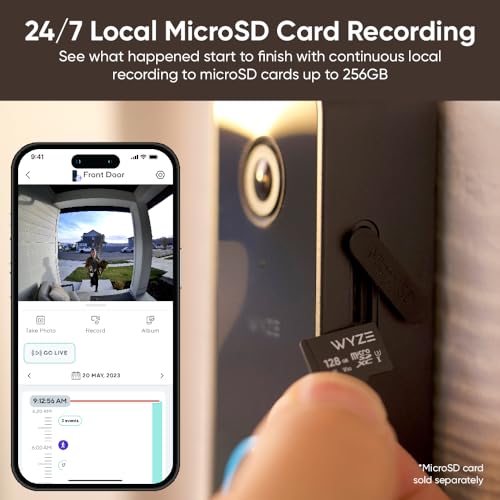 Wyze Video Doorbell v2, Wired, 2K Video, 24/7 Local Recording with microSD Card, Works with Existing Chime, IP65 Weather Resistant, Color Night Vision, and Two-Way Audio, Black