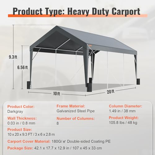 VEVOR Carport Car Canopy 10x20ft, Upgraded Heavy Duty Car Port Garage Boat Shelter Party Tent with 8 Reinforced Poles and 4 Weight Bags, UV Resistant Waterproof Tarp for SUV, Truck, Boat