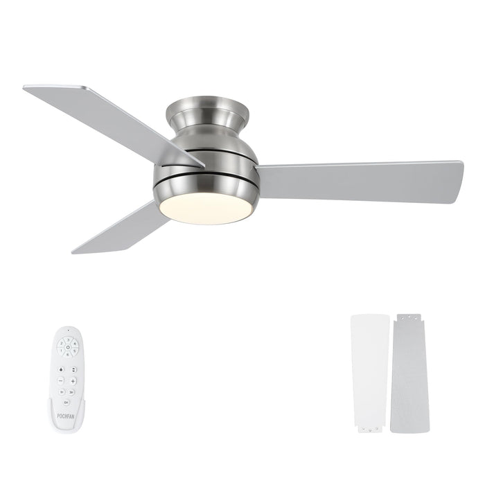 POCHFAN 42 Inch Ceiling Fans with Lights, Low Profile Ceiling Fan with Remote, Quiet Motor, Dimmable 6 Speeds Reversible LED Flush Mount Modern Ceiling Fan for Bedroom, Living Room, Brushed Nickel