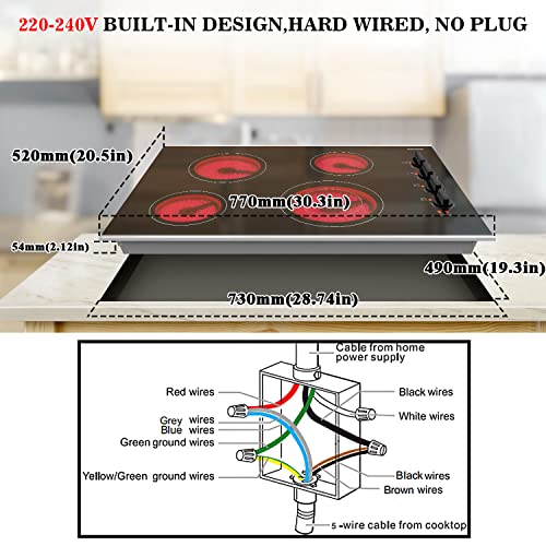 Karinear 30 Inch Electric Cooktop 4 Burners, Knob Control Built-in Ceramic Cooktop, 30" Radiant Electric Stove Top with Glass Protection Metal Frame,Hot Surface Indicator, 220-240v, Hard Wire, No Plug