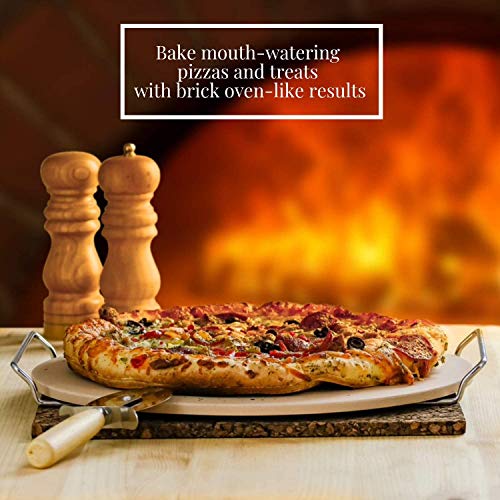 OVENTE Ceramic Flat 13 Inch Pizza Stone Set with Crust Cutter Wheel & Metal Rack/Handle, Compact Easy Storage Portable Baking Grilling Stone Thermal Shock Resistance for Oven Grill BBQ, Beige BW10132