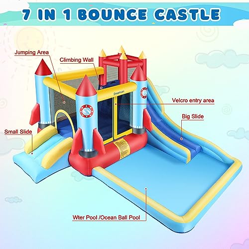 AKEYDIY Bounce House Water Slide, Rocket Castle Bouncy House- 13X12ft Inflatable Bounce House for Kids 3-12 with Slide Park,Pool,Climbing Wall,Bouncer Area- Kids Water Bounce House Indoor/Backyard