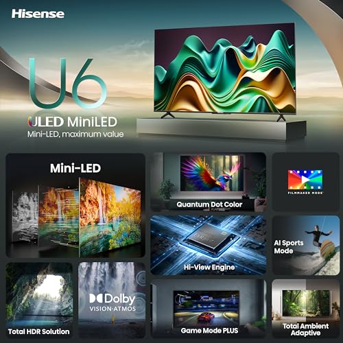 Hisense 55-Inch Class U6 Series Mini-LED ULED 4K UHD Google Smart TV (55U6N, 2024 Model) - QLED, Motion Rate 240, HDR 10+, Full Array Local Dimming, Game Mode Plus, Alexa Compatibility