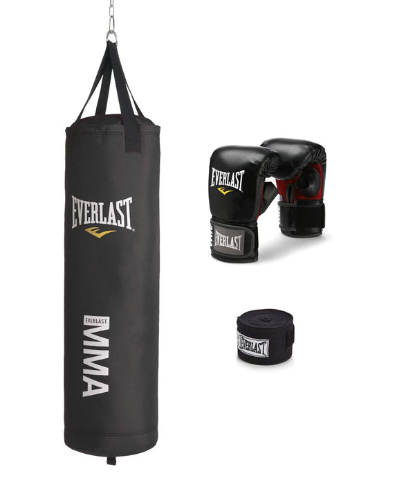 Everlast Leather Heavy 70 Pound Punching Bag with Chain and Swivel Assembly, 5 Ounce MMA Kickboxing Gloves and 180-Inch Boxing Hand Wrap, Black