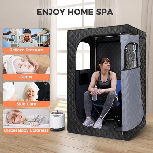 Upgraded Version Portable Sauna for Home Full Body Personal Sauna Steam Sauna Tent at Home Spa with 2.6L 1000W Steam Generator, 90 Minute Timer, Foldable Chair, Remote Control Included(Black)