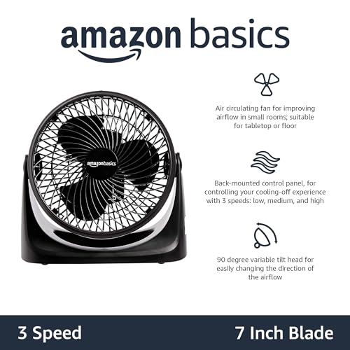 Amazon Basics 11-Inch Air Circulator Fan with 90-Degree Tilt Head and 3 Speed Settings, Ultra Quiet (30 dB), Lightweight (3 LBS), Black, 6.3"D x 11.1"W x 10.9"H