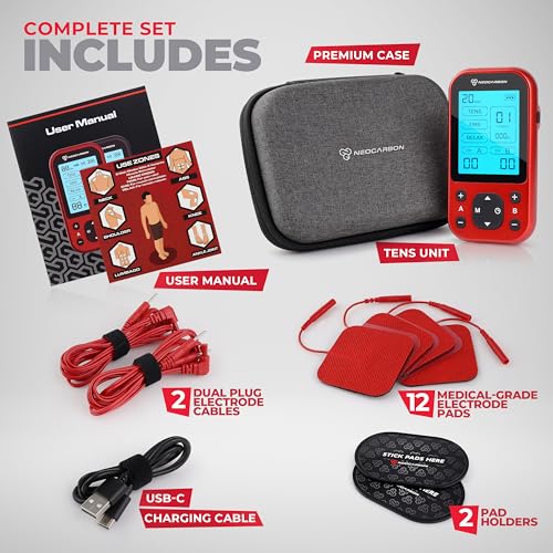 TENS Unit Muscle Stimulator Pro for Back Pain Relief, Shoulder Recovery and Physical Therapy, Electronic EMS Massager Machine with PMS Pulse for Effective Shock Therapy, Red