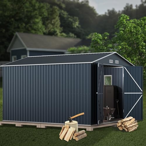 MistMo 10X12X7.5 FT Outdoor Steel Storage Shed with Lockable Doors, 2 Windows, Transparent Roof Panels (Wood Panels & Frame Floor Not Included), Ideal for Garden, Backyard, Patio Storage