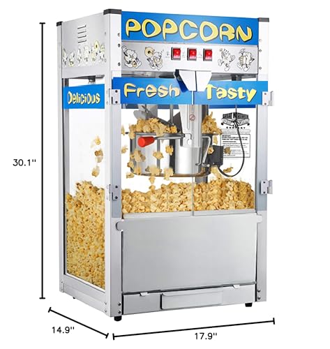 Pop Heaven Popcorn Machine - 12oz Stainless-Steel Kettle, Reject Kernel Tray, Warming Light, and Accessories by Great Northern Popcorn (Blue)