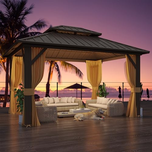 YOLENY 10' x 12' Hardtop Gazebo, Metal Gazebo with Aluminum Frame, Double Galvanized Steel Roof, Curtains and Netting Included, Pergolas for Patios, Garden, Parties, Lawns