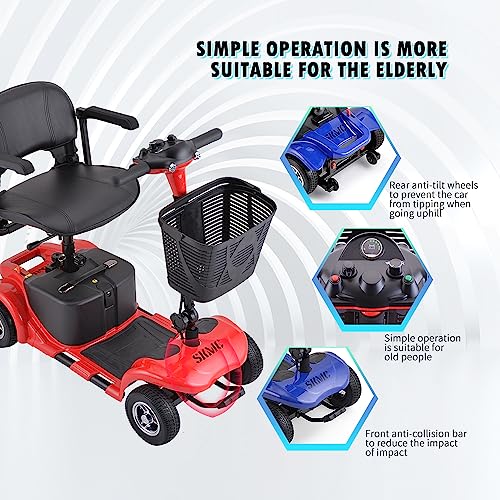 Mobility Scooter for Adults, Senior, Skmc 4 Wheels Electric Powered Chargeable Device for Travel, Lightweight and Portable, with LED Headlights and Basket, Charger Included, Red/Blue (Red)