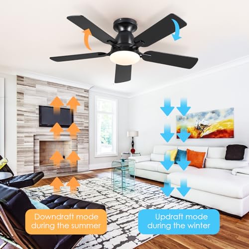 Ceiling Fans with Lights- 46" Low Profile Indoor Ceiling Fan with Light and Remote/APP Control, Flush Mount, LED Dimmable DC Reversible Modern Ceiling Fan for Bedroom（Black）