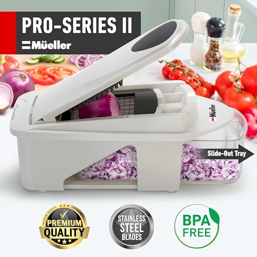 Mueller Pro-Series All-in-One, 12 Blade Mandoline Slicer for Kitchen, Food Chopper, Vegetable Slicer and Spiralizer, Cutter, Dicer, Grater, Kitchen Gadgets Sets with Container, White Sand/Dark Grey