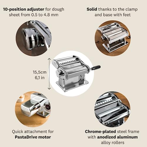 MARCATO Made in Italy Atlas 150 Classic Manual Pasta Maker Machine, Chrome Steel. Makes Lasagna, Fettuccine & Tagliolini .