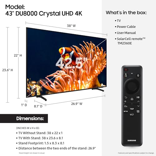 SAMSUNG 43-Inch Class 4K Crystal UHD DU8000 Series HDR Smart TV w/Object Tracking Sound Lite, Motion Xcelerator 120Hz, Ultra Slim Design, Gaming Hub, Alexa Built-in (UN43DU8000, 2024 Model)