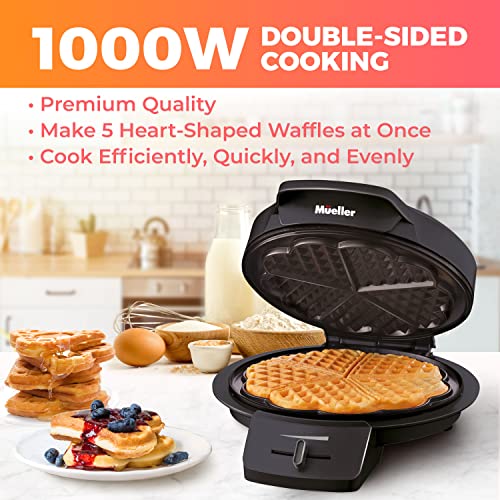 Mueller Heart Waffle Maker, 5 Belgian Waffle Iron, Adjustable Browning Control, Cool Touch Handle, Compact and Easy to Clean, Great Mother’s Day Gift