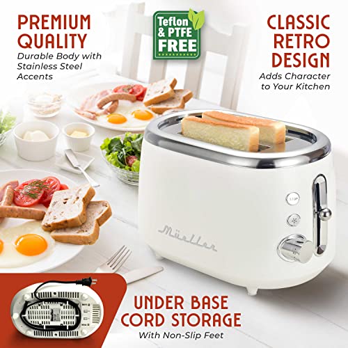 Mueller Retro Toaster 2 Slice with 7 Browning Levels and 3 Functions: Reheat, Defrost & Cancel, Stainless Steel Features, Removable Crumb Tray, Under Base Cord Storage, White